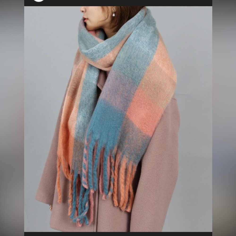 Reversible Mohair Plaid Scarf, Orange Blue Tassel Shawl